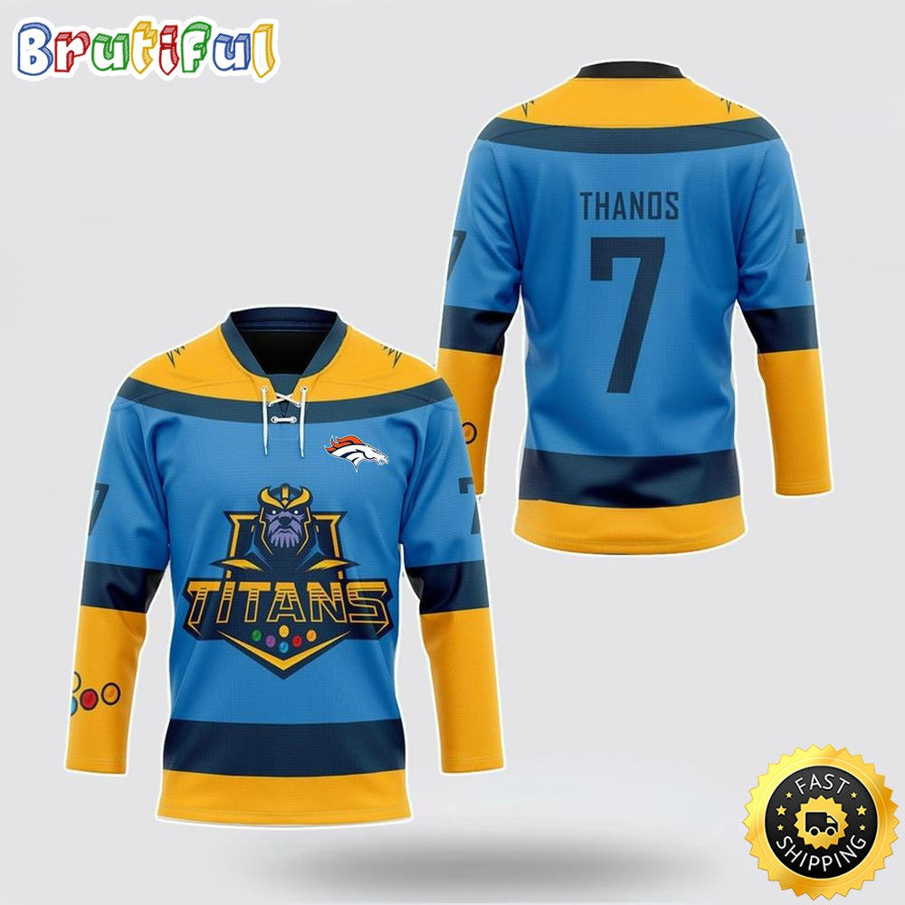Personalized NFL Denver Broncos Hockey Jersey Thanos Marvel Titan Nfl Hockey Jersey For Fans