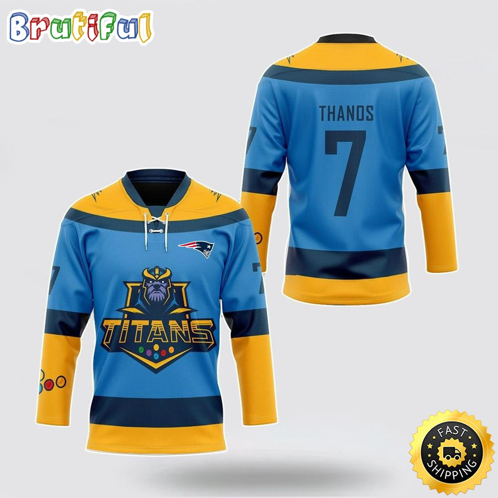 Personalized NFL New England Patriots Hockey Jersey Thanos Marvel Titan Nfl Hockey Jersey For Fans