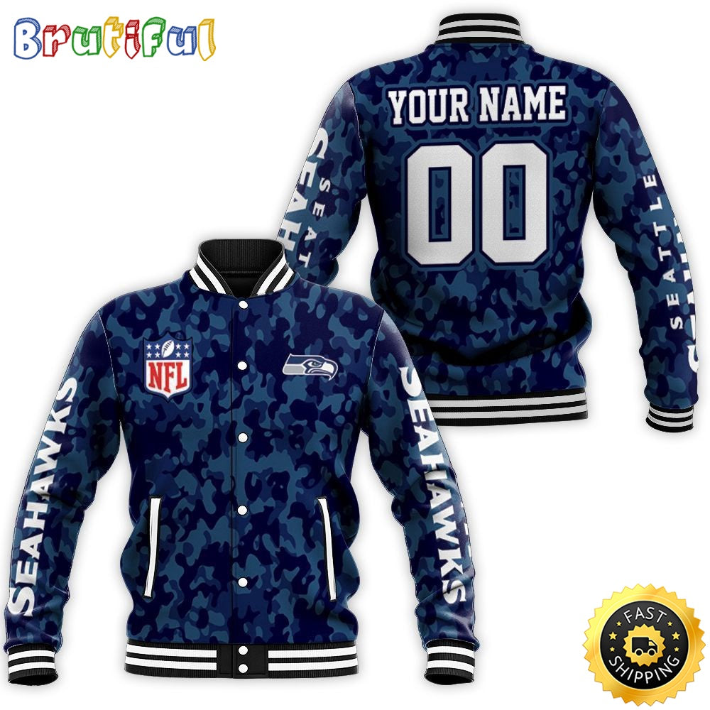 Personalized NFL Seattle Seahawks Blue Baseball Jacket Camouflage Veteran For Fans