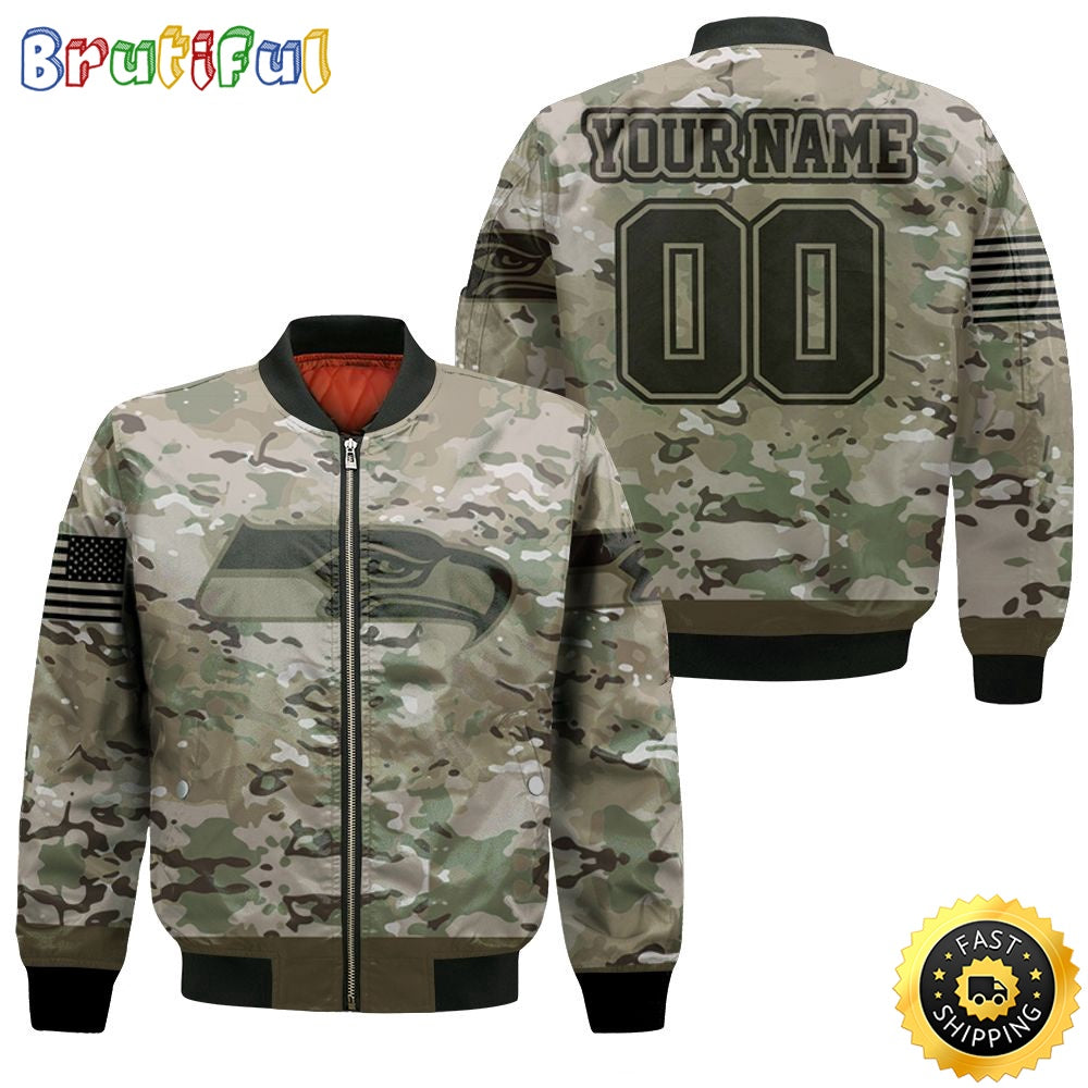 Personalized NFL Seattle Seahawks Bomber Jacket Camouflage Veteran